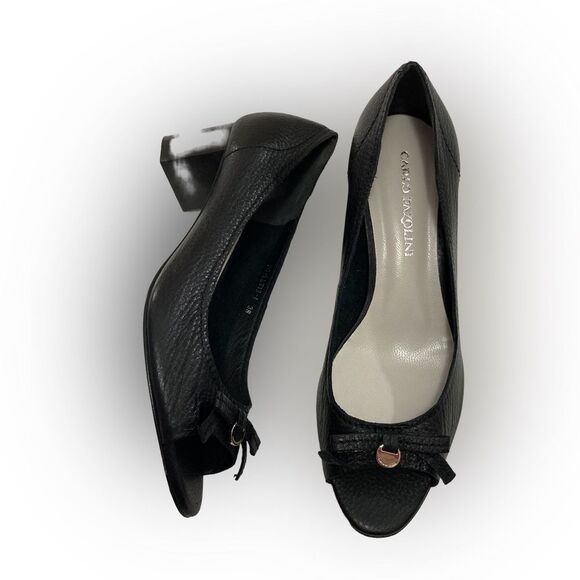 Carlo Pazolini Pumps Women’s 38 Black Leather Peep Toe Low Heel Classic Elegant - Picture 1 of 12